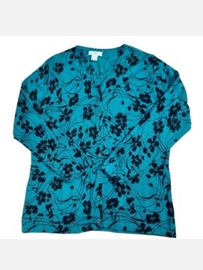 Garnet Hill Teal Floral Merino  Wool Cardigan M